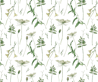 Botanical illustration with green background, featuring various delicate flowers and leaves.
