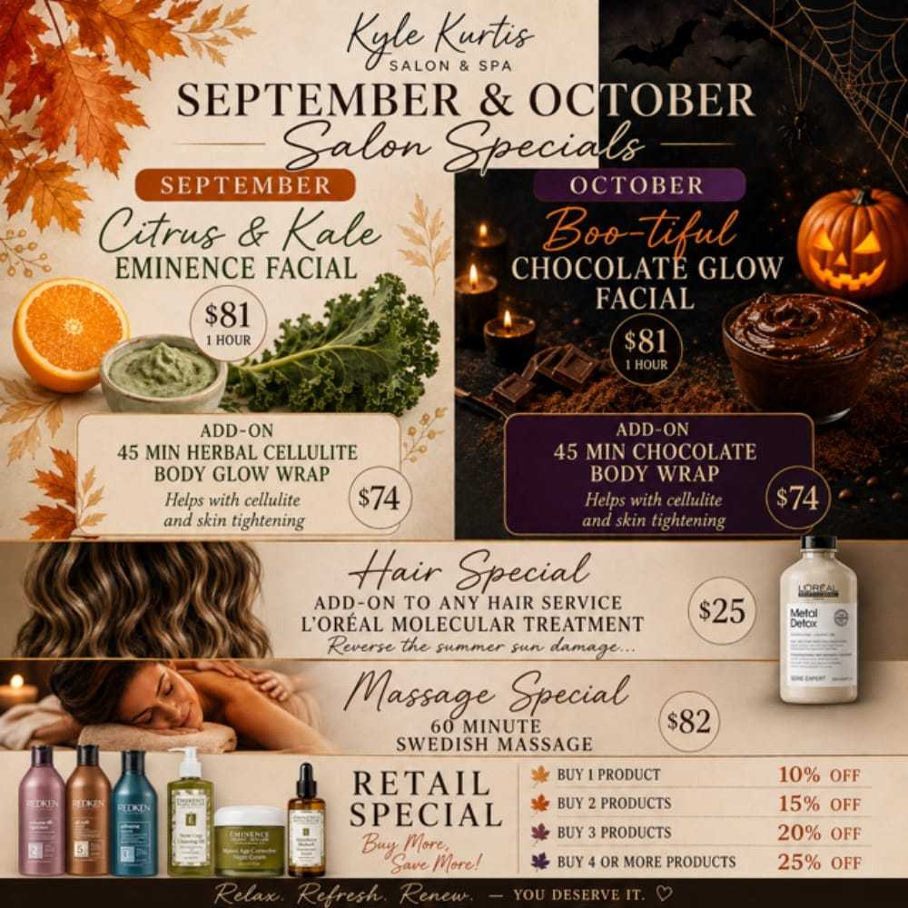 Salon specials for September and October featuring facials, hair, and massage offers.