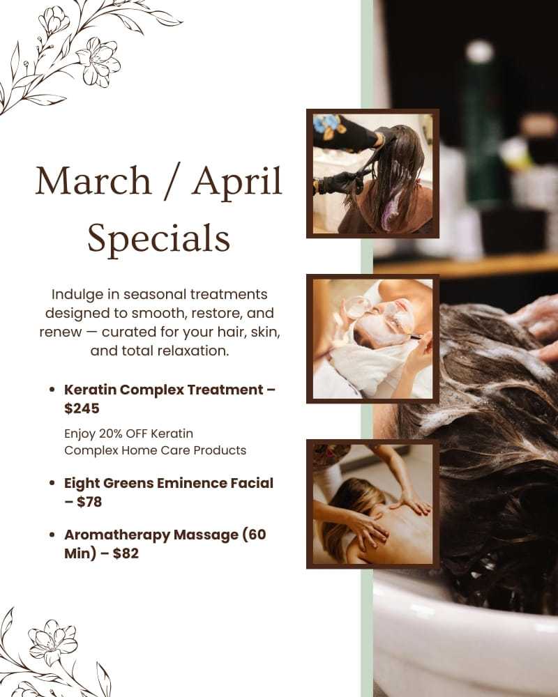 March/April spa specials flyer featuring hair, facial, and massage treatments.