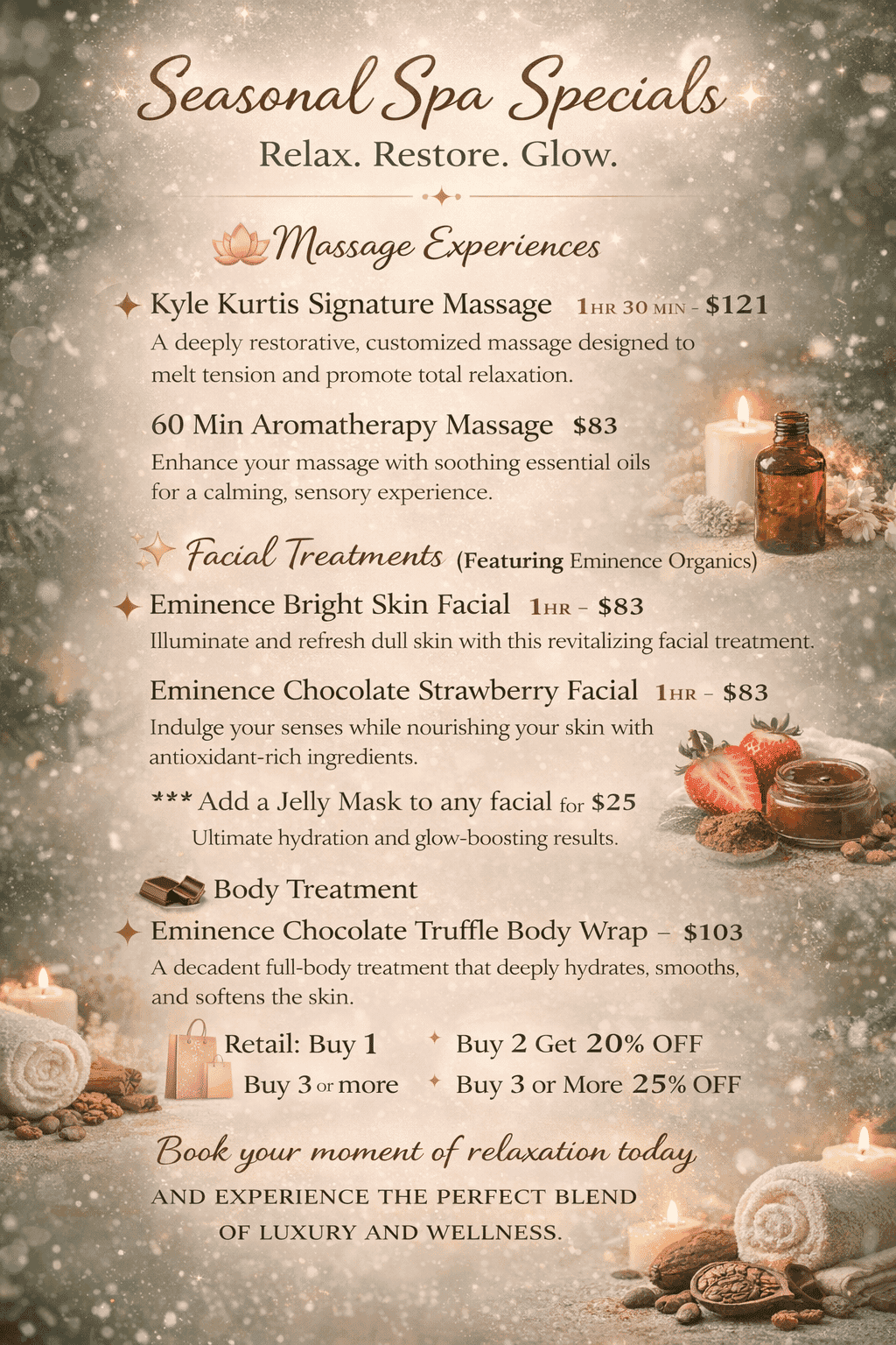 Seasonal spa specials menu with massage and facial offers, prices, and discounts detailed.