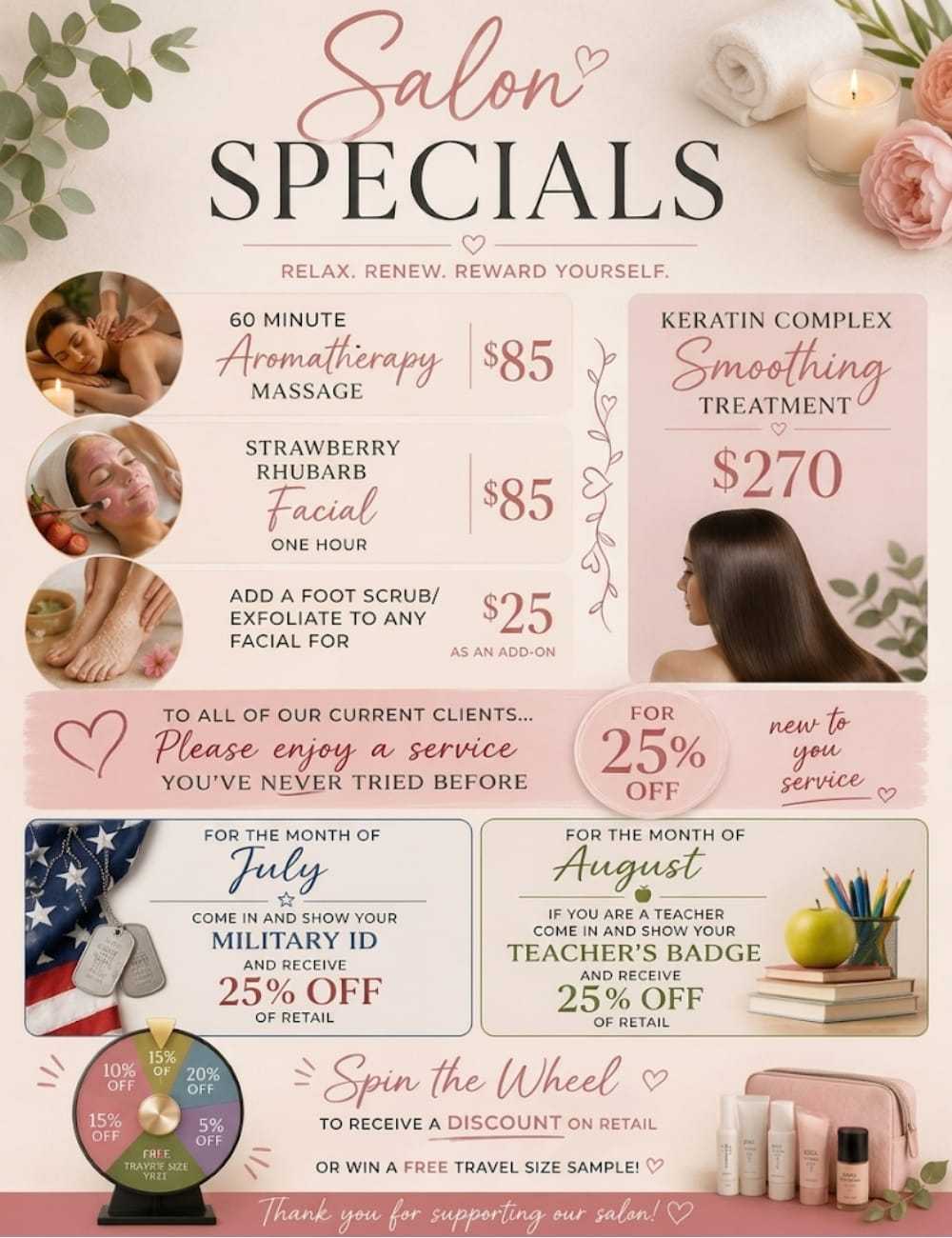 Salon specials flyer featuring massages, facials, discounts, and a prize wheel offer.