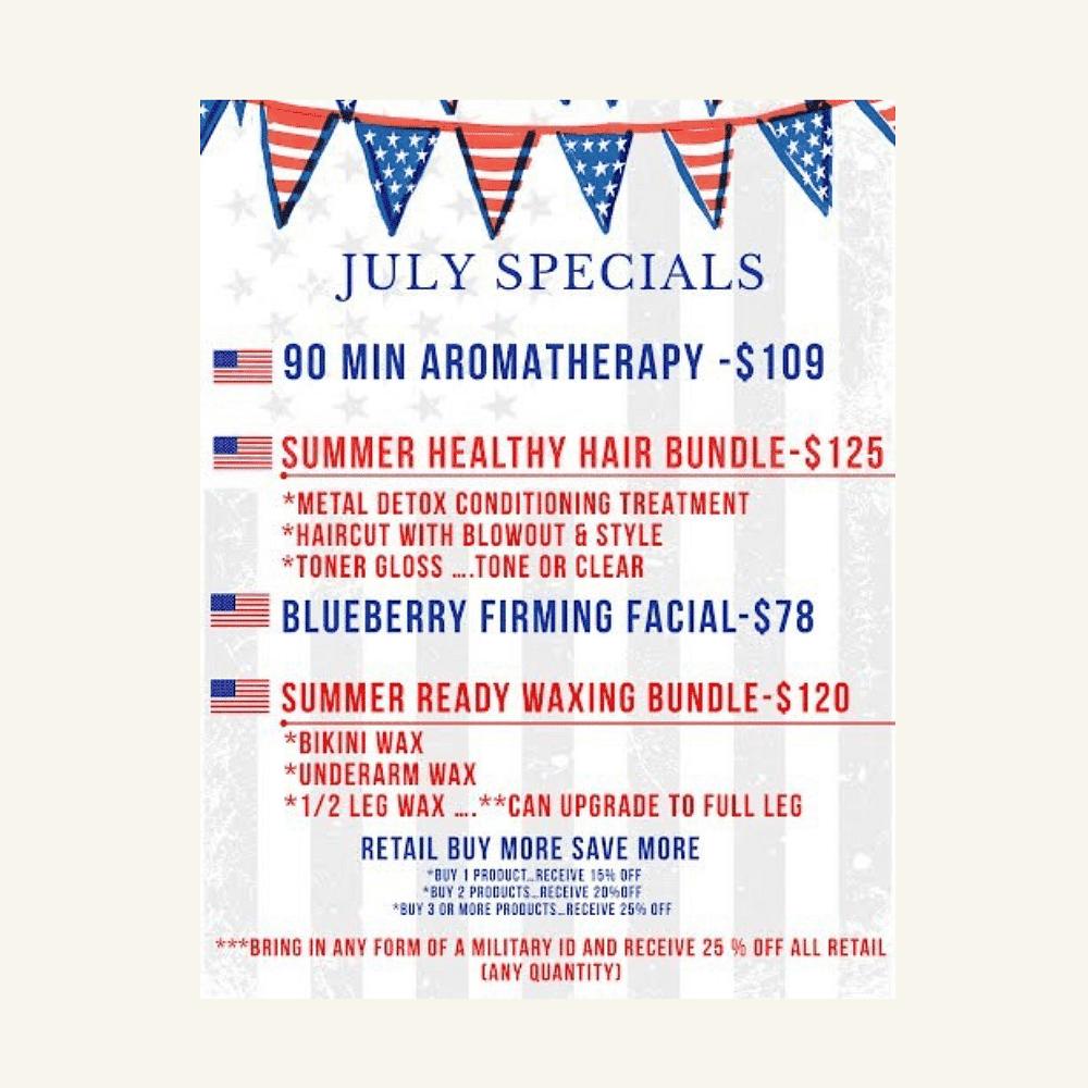 July specials list with aromatherapy, hair, facial, and waxing offers. Discounts available.